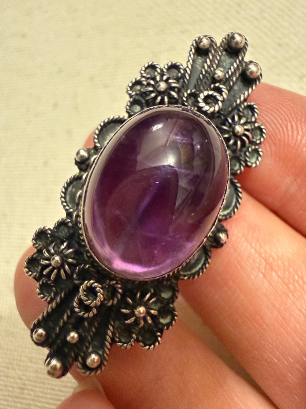 Sterling Silver Filigree Brooch W/ Purple Cabochon